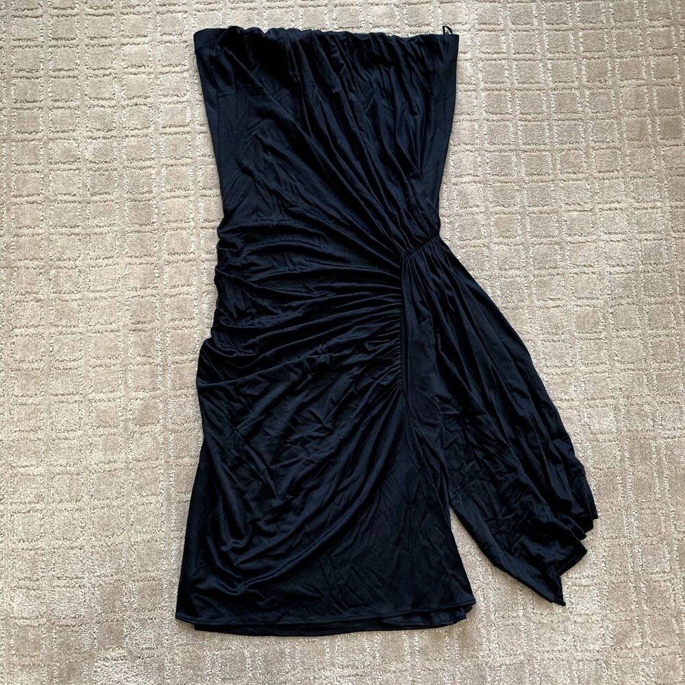 Foley Silk Strapless Mini Dress Women's XS Black Ruched Y2K Vintage Drape Party